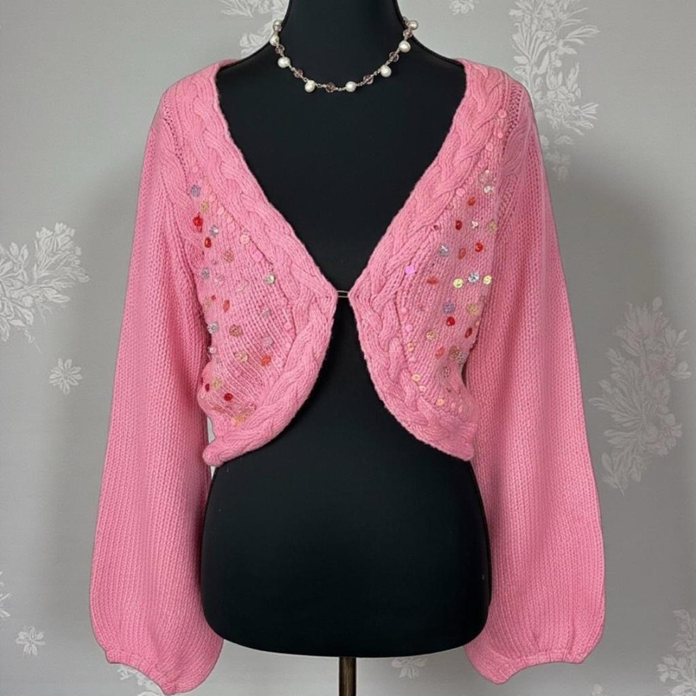 Deadstock Pink beaded knit crop bolero cardigan with bell sleeves